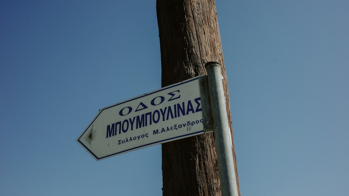 Street sign on a wooden pole under blue sky